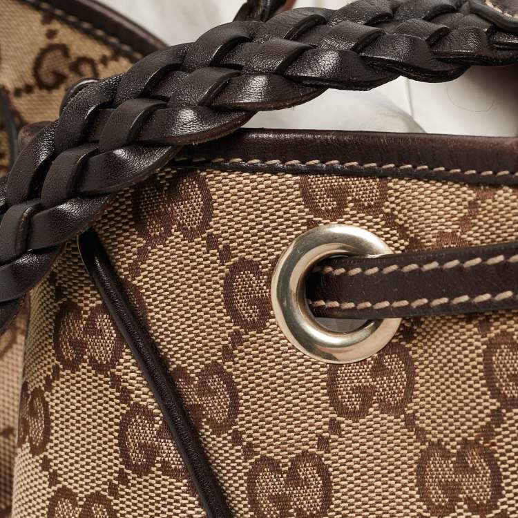 Pre Owned Gucci Dark Brown/Beige GG Canvas and Leather Medium Peggy Shoulder Bag