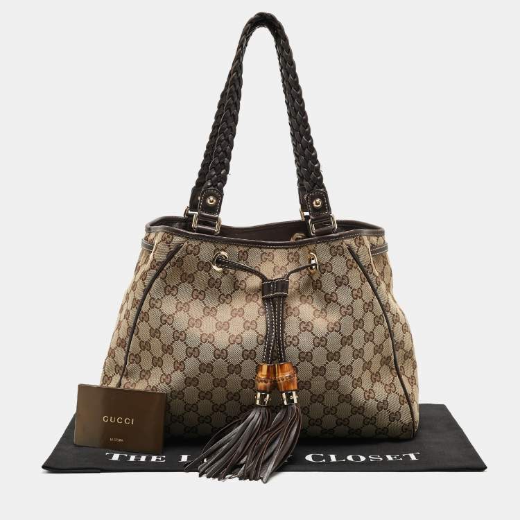 Pre Owned Gucci Dark Brown/Beige GG Canvas and Leather Medium Peggy Shoulder Bag