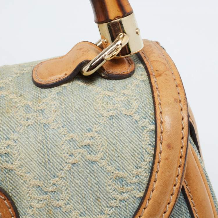 Pre Owned Gucci Light Blue/Beige GG Canvas and Leather Bamboo Top Handle Bag