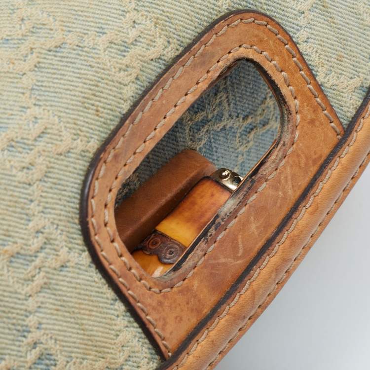 Pre Owned Gucci Light Blue/Beige GG Canvas and Leather Bamboo Top Handle Bag