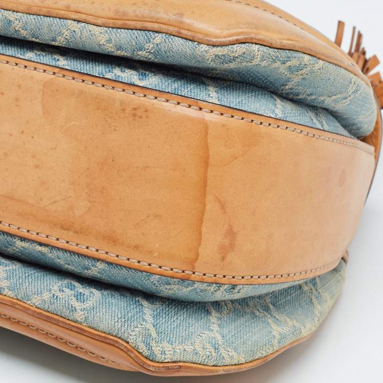 Pre Owned Gucci Light Blue/Beige GG Canvas and Leather Bamboo Top Handle Bag