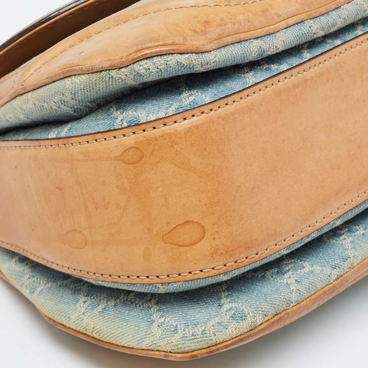 Pre Owned Gucci Light Blue/Beige GG Canvas and Leather Bamboo Top Handle Bag
