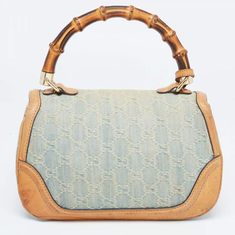 Pre Owned Gucci Light Blue/Beige GG Canvas and Leather Bamboo Top Handle Bag
