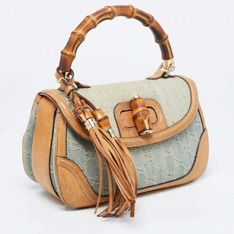 Pre Owned Gucci Light Blue/Beige GG Canvas and Leather Bamboo Top Handle Bag