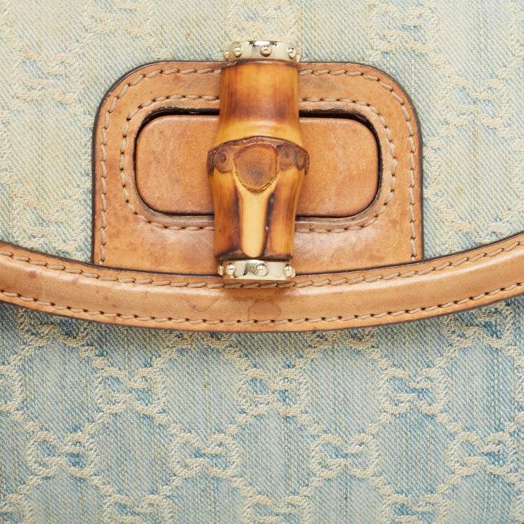 Pre Owned Gucci Light Blue/Beige GG Canvas and Leather Bamboo Top Handle Bag