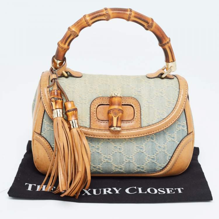 Pre Owned Gucci Light Blue/Beige GG Canvas and Leather Bamboo Top Handle Bag