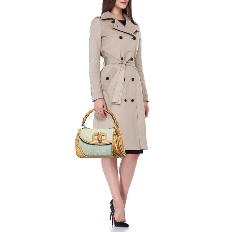 Pre Owned Gucci Light Blue/Beige GG Canvas and Leather Bamboo Top Handle Bag