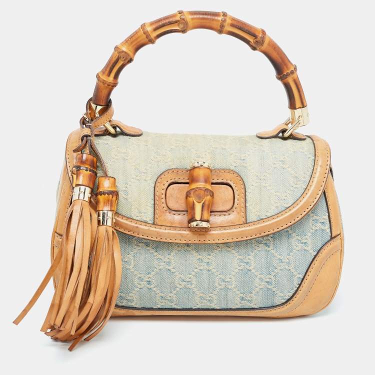 Pre Owned Gucci Light Blue/Beige GG Canvas and Leather Bamboo Top Handle Bag