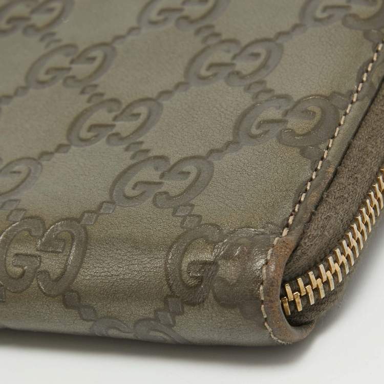 Pre Owned Gucci Olive Green Guccissima Leather Zip Around Continental Wallet