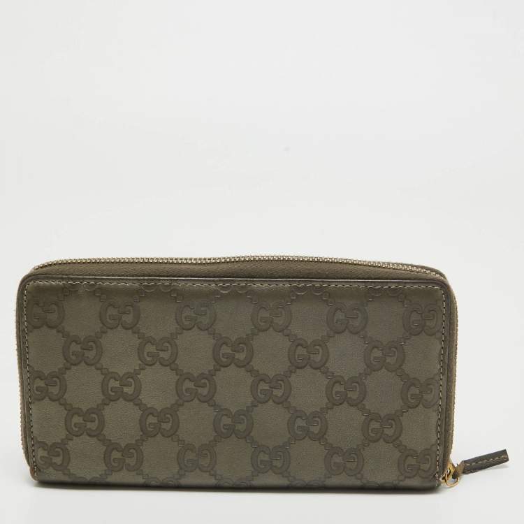 Pre Owned Gucci Olive Green Guccissima Leather Zip Around Continental Wallet