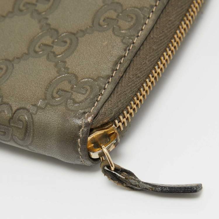 Pre Owned Gucci Olive Green Guccissima Leather Zip Around Continental Wallet
