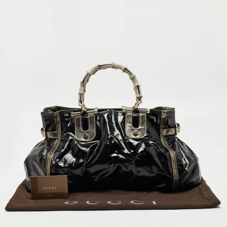 Pre Owned Gucci Black/Gun Metal Coated Fabric and Patent Leather Pop Bamboo Handle Tote