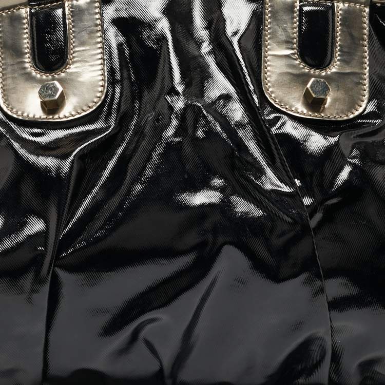 Pre Owned Gucci Black/Gun Metal Coated Fabric and Patent Leather Pop Bamboo Handle Tote