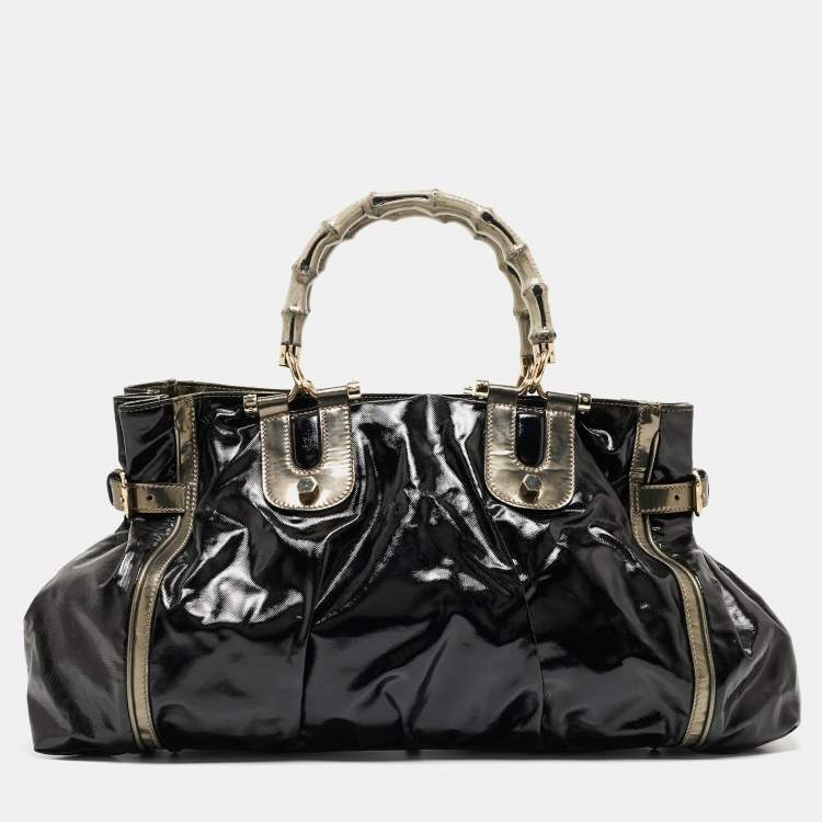 Pre Owned Gucci Black/Gun Metal Coated Fabric and Patent Leather Pop Bamboo Handle Tote