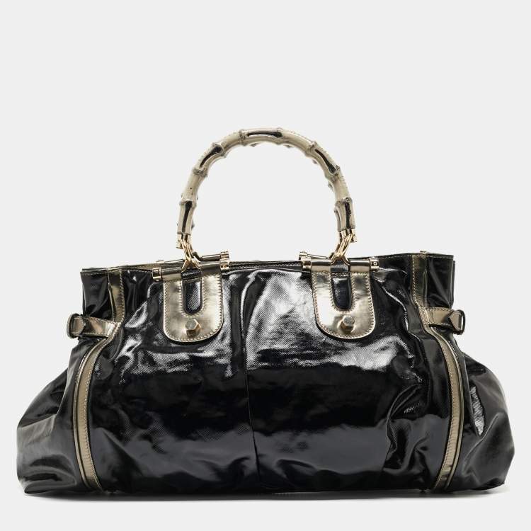 Pre Owned Gucci Black/Gun Metal Coated Fabric and Patent Leather Pop Bamboo Handle Tote
