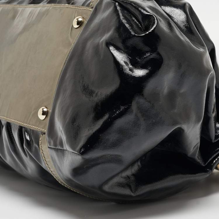 Pre Owned Gucci Black/Gun Metal Coated Fabric and Patent Leather Pop Bamboo Handle Tote