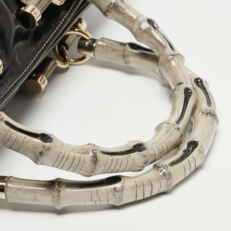 Pre Owned Gucci Black/Gun Metal Coated Fabric and Patent Leather Pop Bamboo Handle Tote