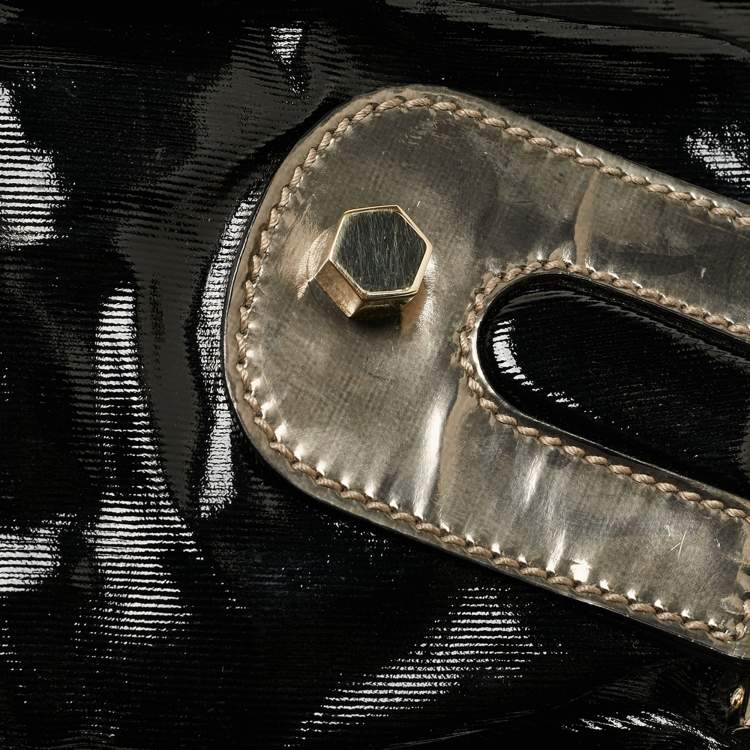 Pre Owned Gucci Black/Gun Metal Coated Fabric and Patent Leather Pop Bamboo Handle Tote