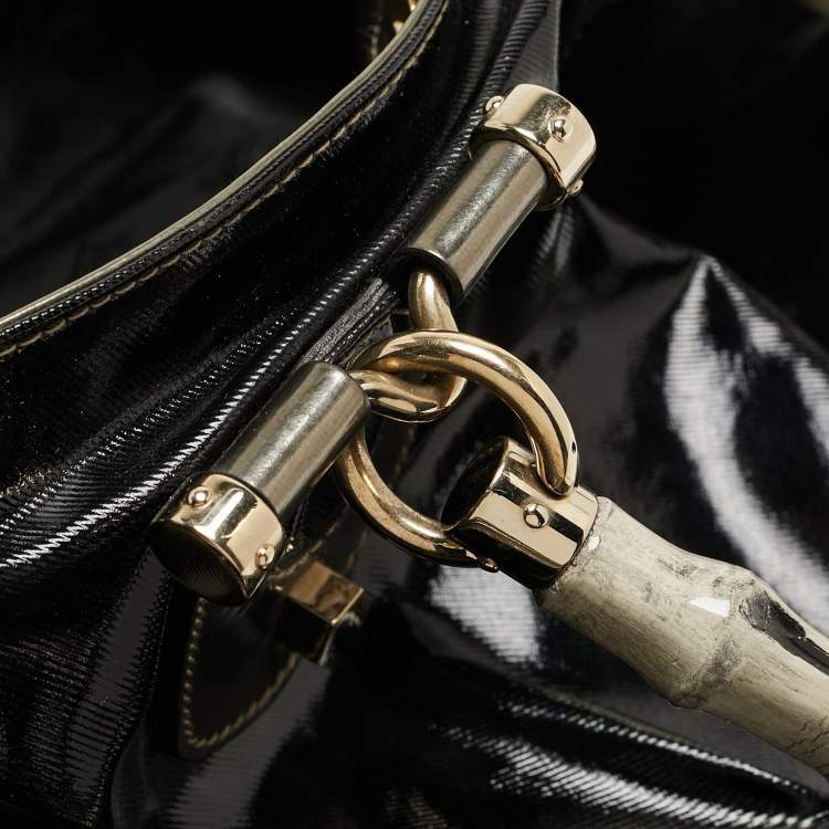 Pre Owned Gucci Black/Gun Metal Coated Fabric and Patent Leather Pop Bamboo Handle Tote