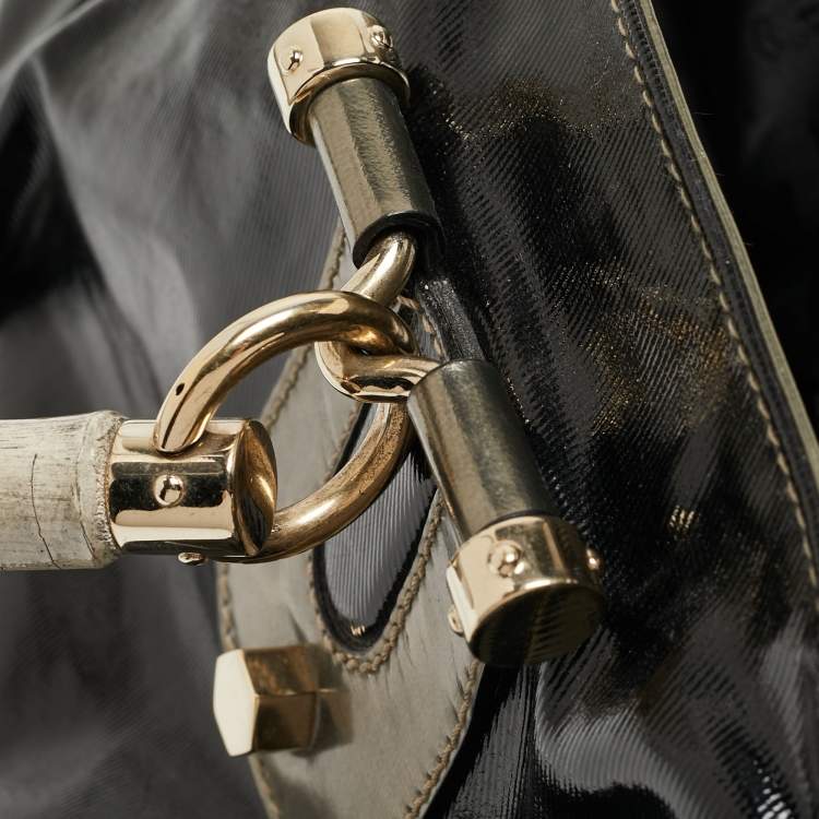 Pre Owned Gucci Black/Gun Metal Coated Fabric and Patent Leather Pop Bamboo Handle Tote
