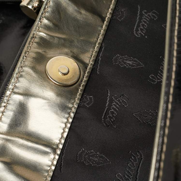 Pre Owned Gucci Black/Gun Metal Coated Fabric and Patent Leather Pop Bamboo Handle Tote