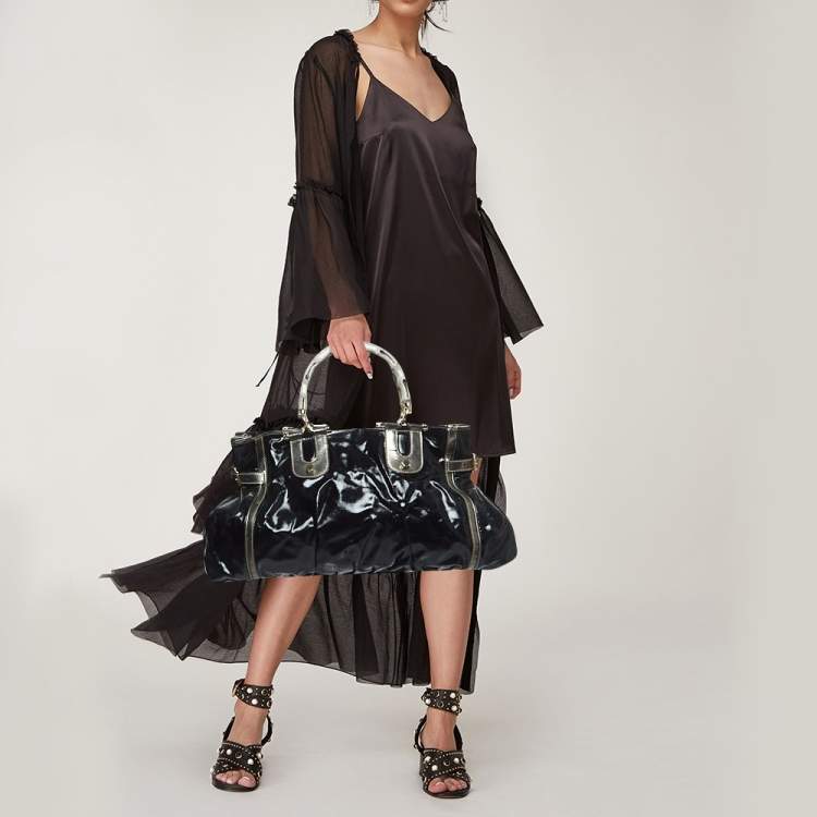 Pre Owned Gucci Black/Gun Metal Coated Fabric and Patent Leather Pop Bamboo Handle Tote