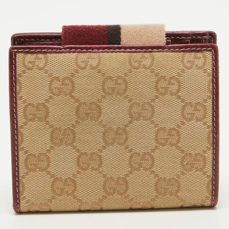 Pre Owned Gucci Beige/Burgundy GG Canvas and Leather Web Flap French Wallet