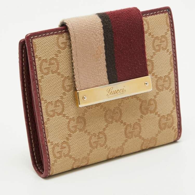 Pre Owned Gucci Beige/Burgundy GG Canvas and Leather Web Flap French Wallet