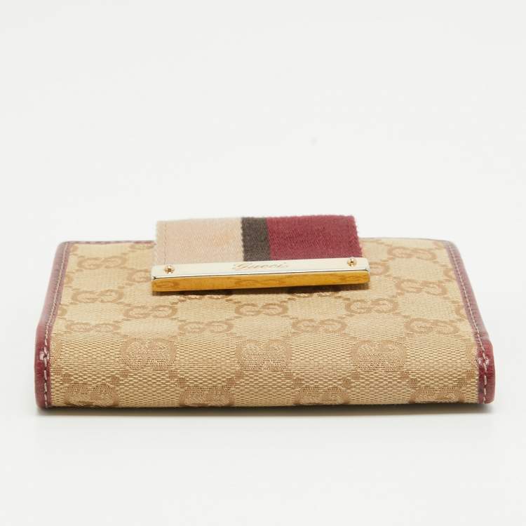 Pre Owned Gucci Beige/Burgundy GG Canvas and Leather Web Flap French Wallet