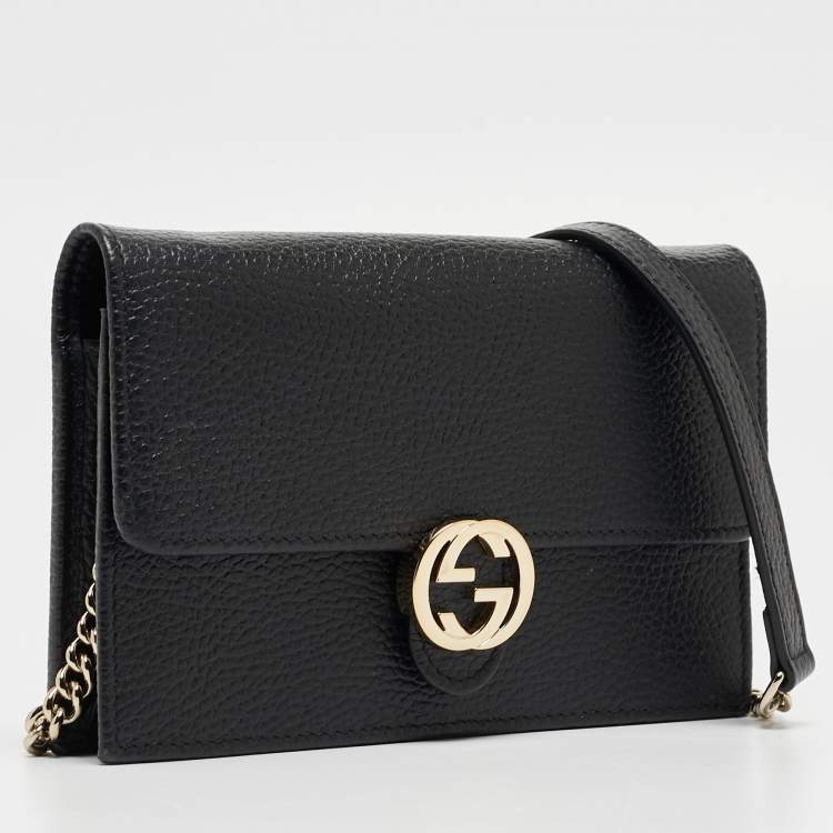Pre Owned Gucci Black Leather Interlocking G Wallet On Chain