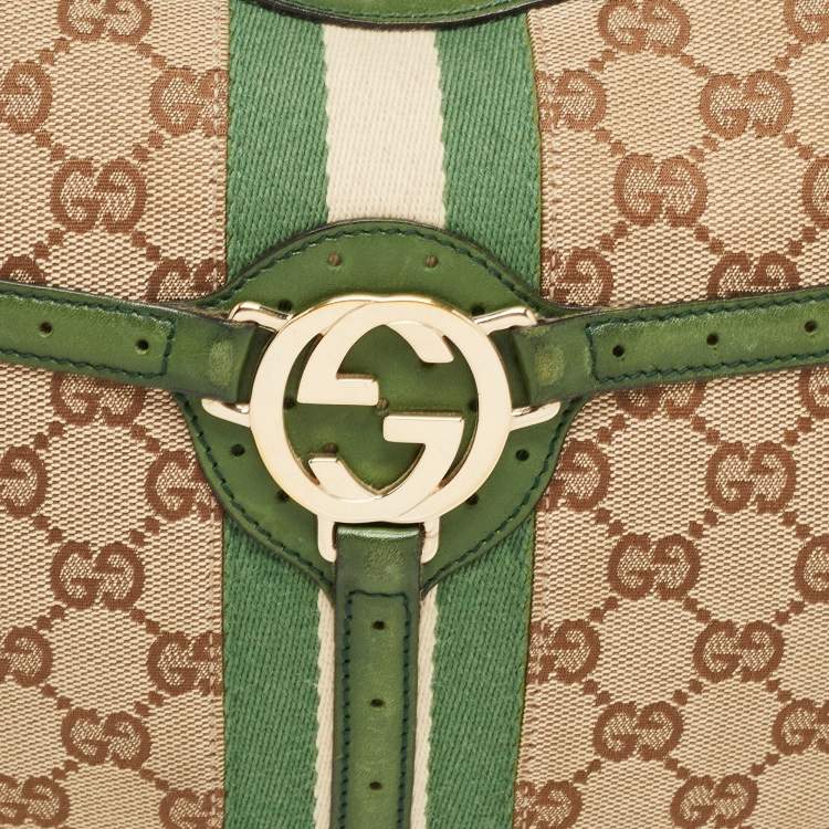 مملوكة مسبقًا Gucci Green/Beige GG Canvas and Leather Reins Hobo