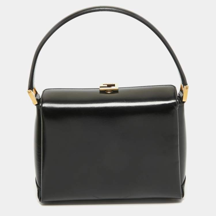 Pre Owned Gucci Black Glossy Leather G Logo Top Handle Bag