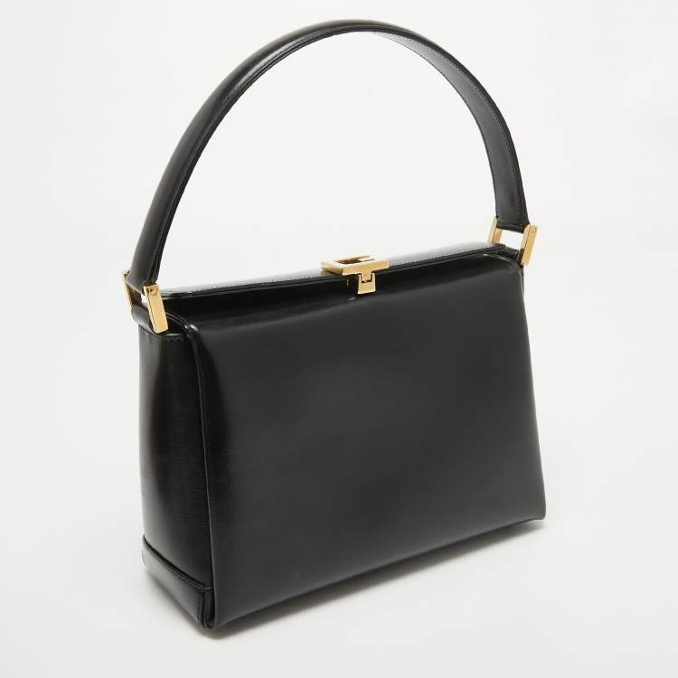 Pre Owned Gucci Black Glossy Leather G Logo Top Handle Bag