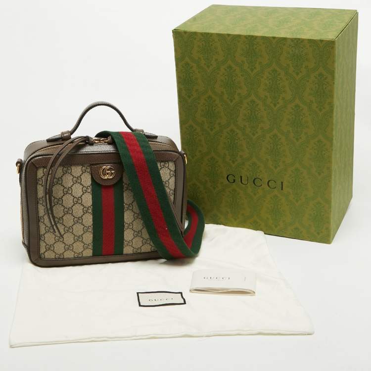Pre Owned Gucci Beige/Ebony GG Supreme Canvas and Leather Small Ophidia Top Handle Bag