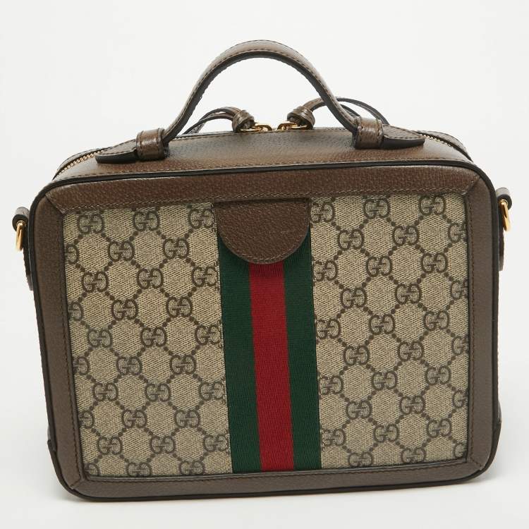 Pre Owned Gucci Beige/Ebony GG Supreme Canvas and Leather Small Ophidia Top Handle Bag