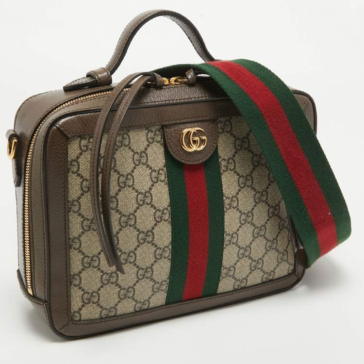 Pre Owned Gucci Beige/Ebony GG Supreme Canvas and Leather Small Ophidia Top Handle Bag