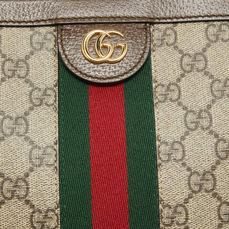 Pre Owned Gucci Beige/Ebony GG Supreme Canvas and Leather Small Ophidia Top Handle Bag