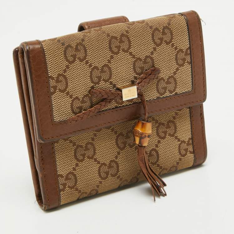 Pre Owned Gucci Brown/Beige GG Canvas and Leather Bamboo Tassel Compact Wallet