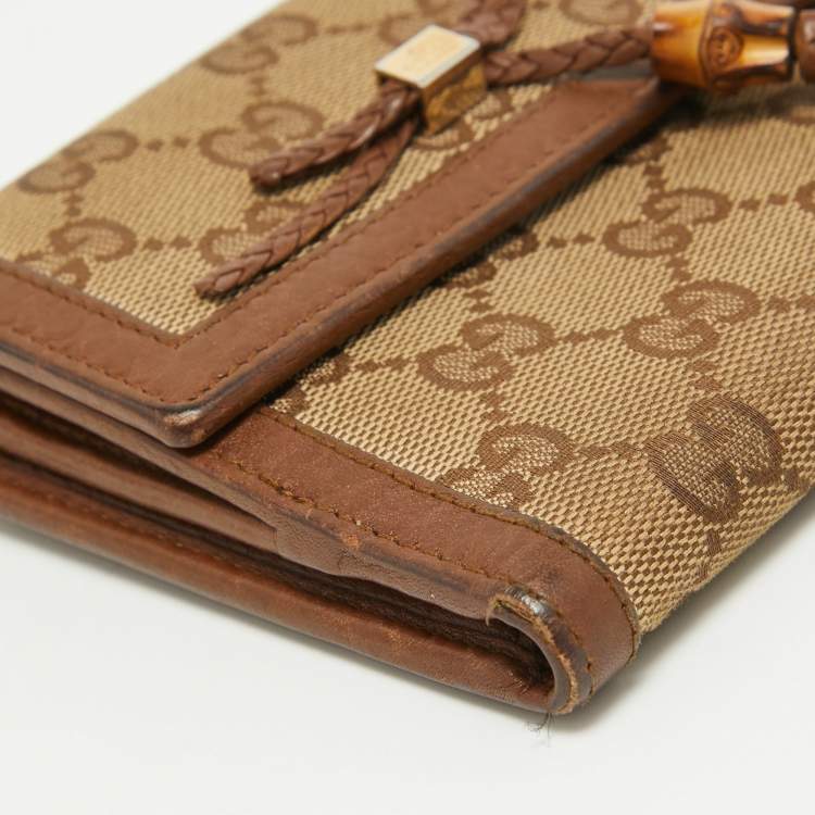 Pre Owned Gucci Brown/Beige GG Canvas and Leather Bamboo Tassel Compact Wallet