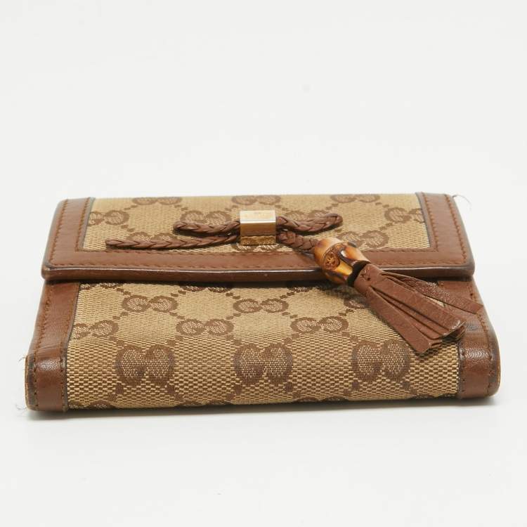 Pre Owned Gucci Brown/Beige GG Canvas and Leather Bamboo Tassel Compact Wallet