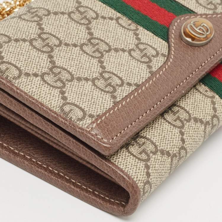 Pre Owned Gucci Beige/Brown GG Supreme Canvas and Leather Ophidia Wallet on Chain