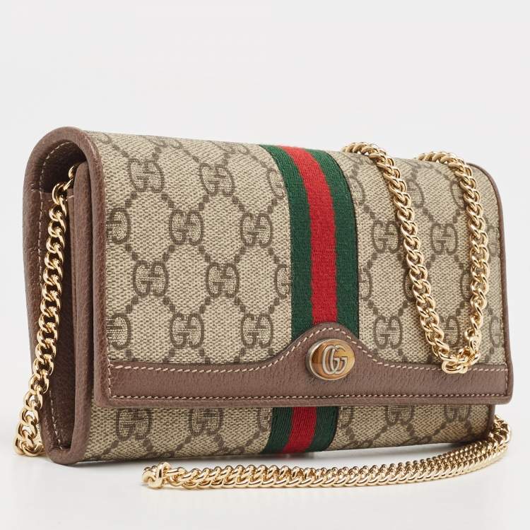 Pre Owned Gucci Beige/Brown GG Supreme Canvas and Leather Ophidia Wallet on Chain