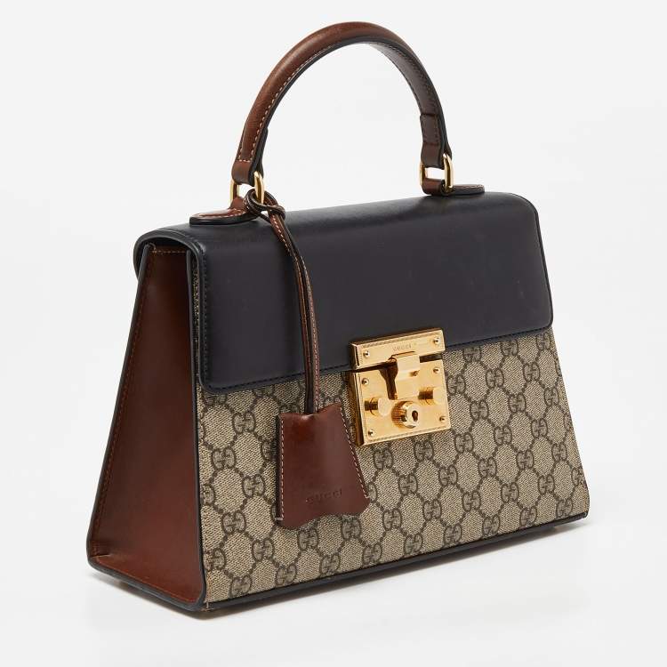 Pre Owned Gucci  Beige/Black GG Supreme Canvas and Leather Small Padlock Top Handle Bag