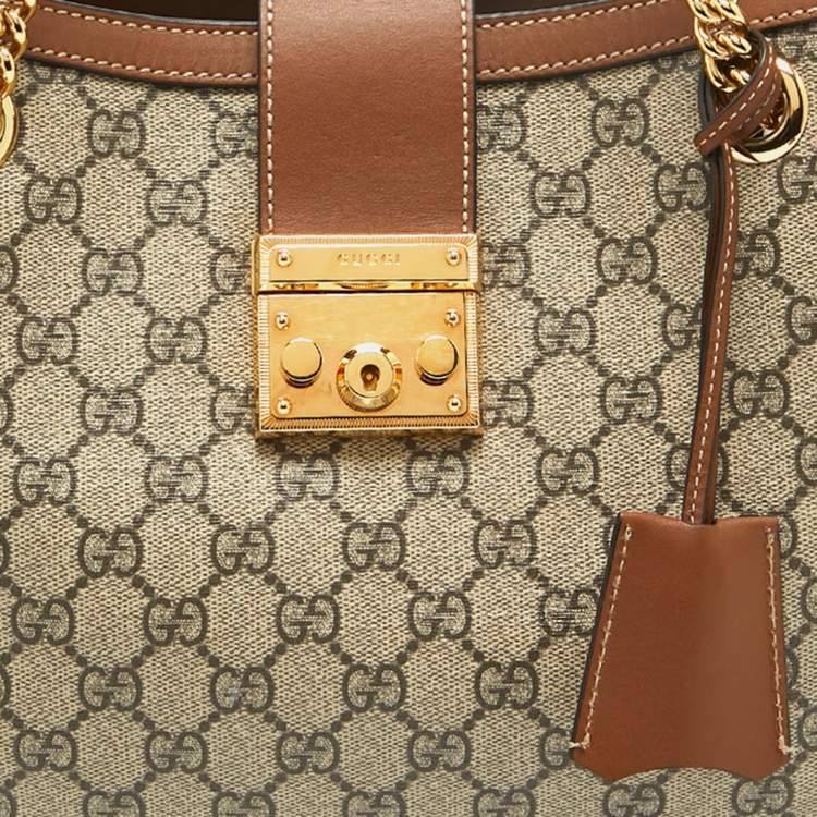 Pre Owned Gucci Beige/Brown GG Supreme Canvas and Leather Medium Padlock Tote