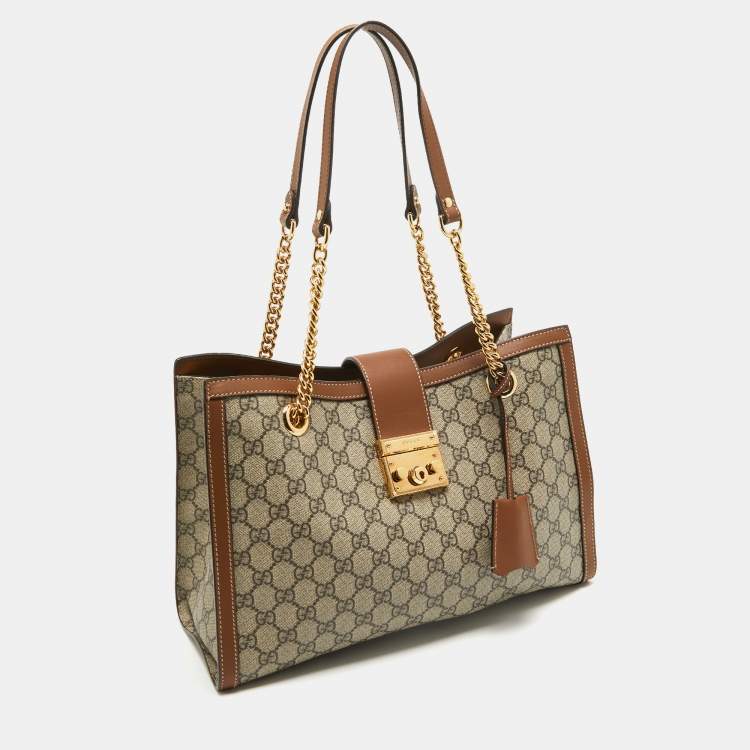 Pre Owned Gucci Beige/Brown GG Supreme Canvas and Leather Medium Padlock Tote