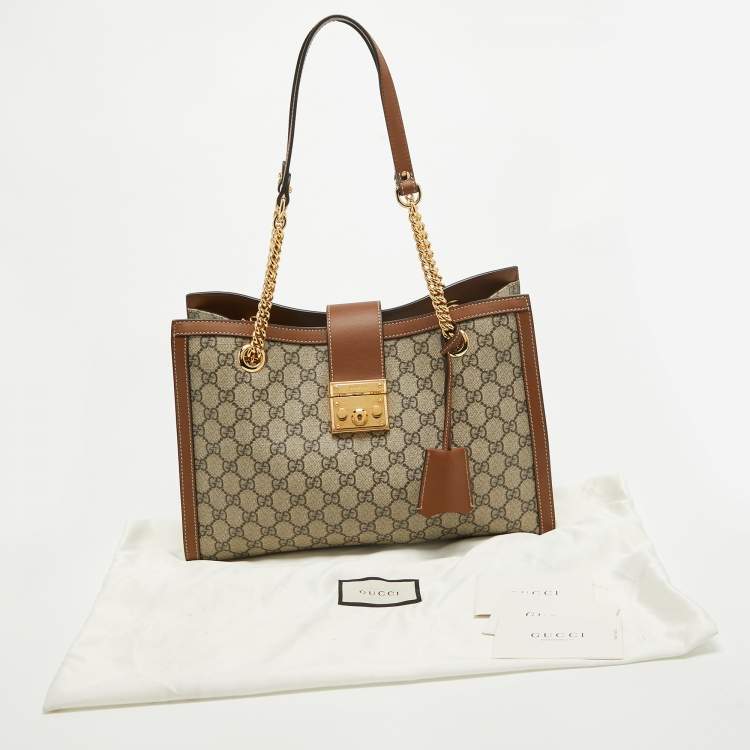 Pre Owned Gucci Beige/Brown GG Supreme Canvas and Leather Medium Padlock Tote