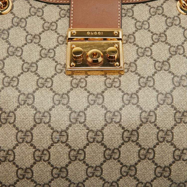 Pre Owned Gucci Beige/Brown GG Supreme Canvas and Leather Medium Padlock Tote