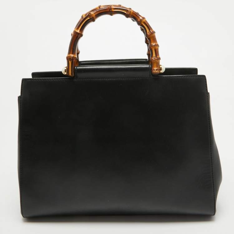 Pre Owned Gucci Black Leather Bamboo Nymphaea Tote