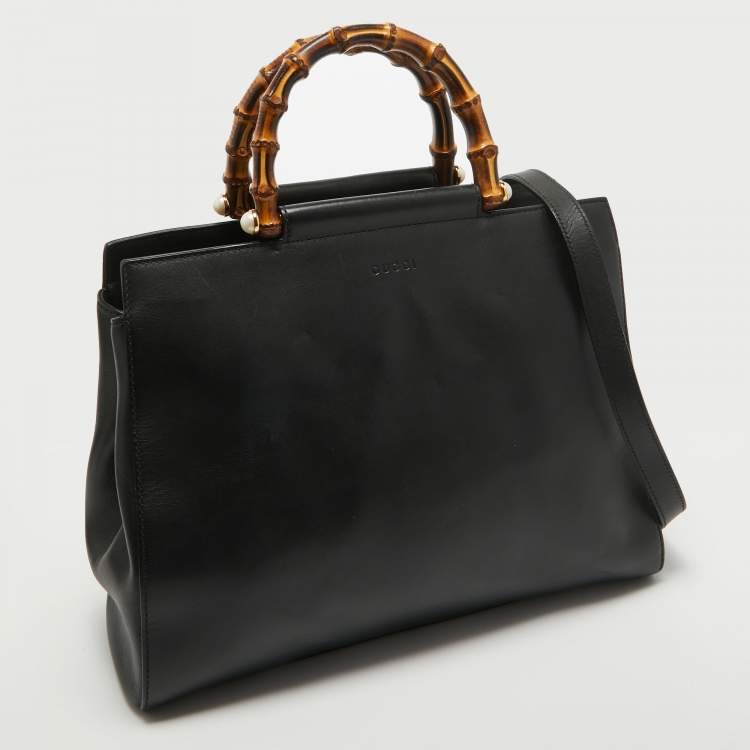 Pre Owned Gucci Black Leather Bamboo Nymphaea Tote
