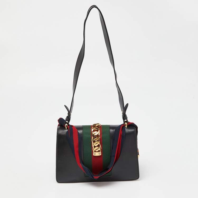 Pre Owned Gucci Black Leather Small Web Sylvie Shoulder Bag
